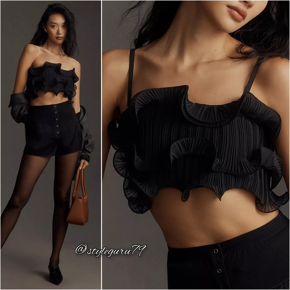 NWT Anthropologie Pleated Ruffle Bandeau Bra Top in Black